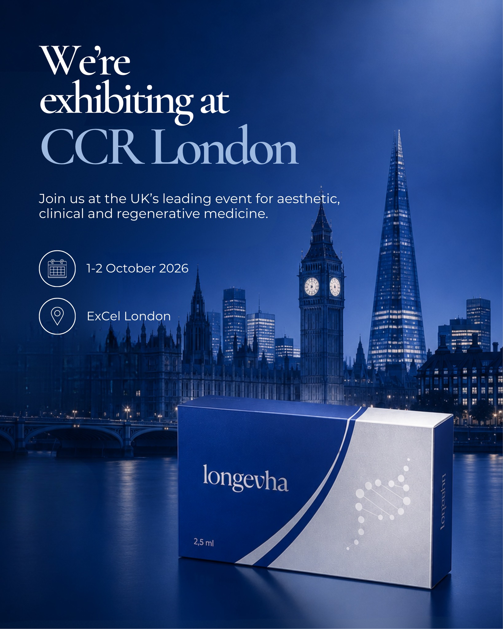 We’re heading to CCR London 🧬
Join the LongevHA team at ExCeL London on 1–2 October, where we’ll be showcasing our approach to next-generation skin quality and the science behind the formula.
📍 Stand C19
Come and meet the team, discover LongevHA and continue the conversation around the future of skin health.
#longevha #ccrlondon #londonevent #skinbooster #aestheticinnovation