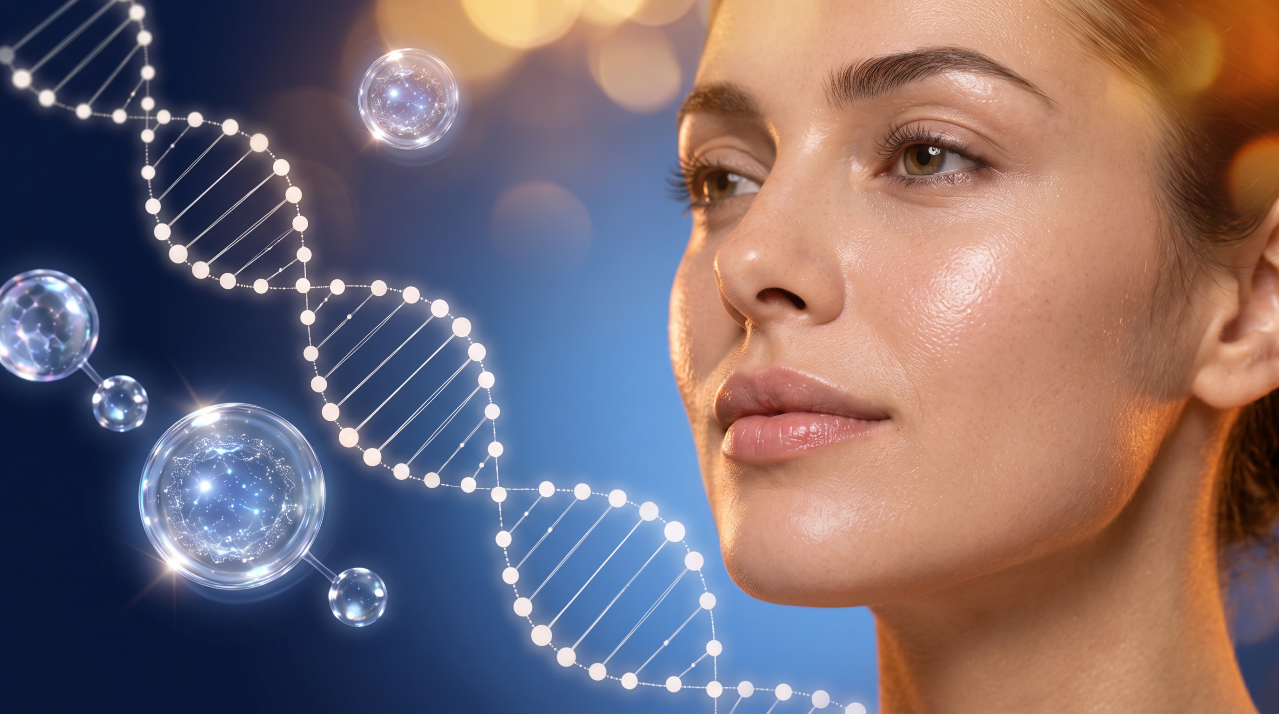 Woman with luminous, hydrated skin beside a glowing DNA helix on a navy blue background, illustrating an autumn skin booster course