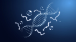 Glowing DNA helix surrounded by chains of translucent beads representing peptides on a navy blue background