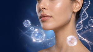 Close crop of a woman's cheek, jaw and neck with smooth, naturally glowing skin beside translucent molecules and a DNA strand on navy blue