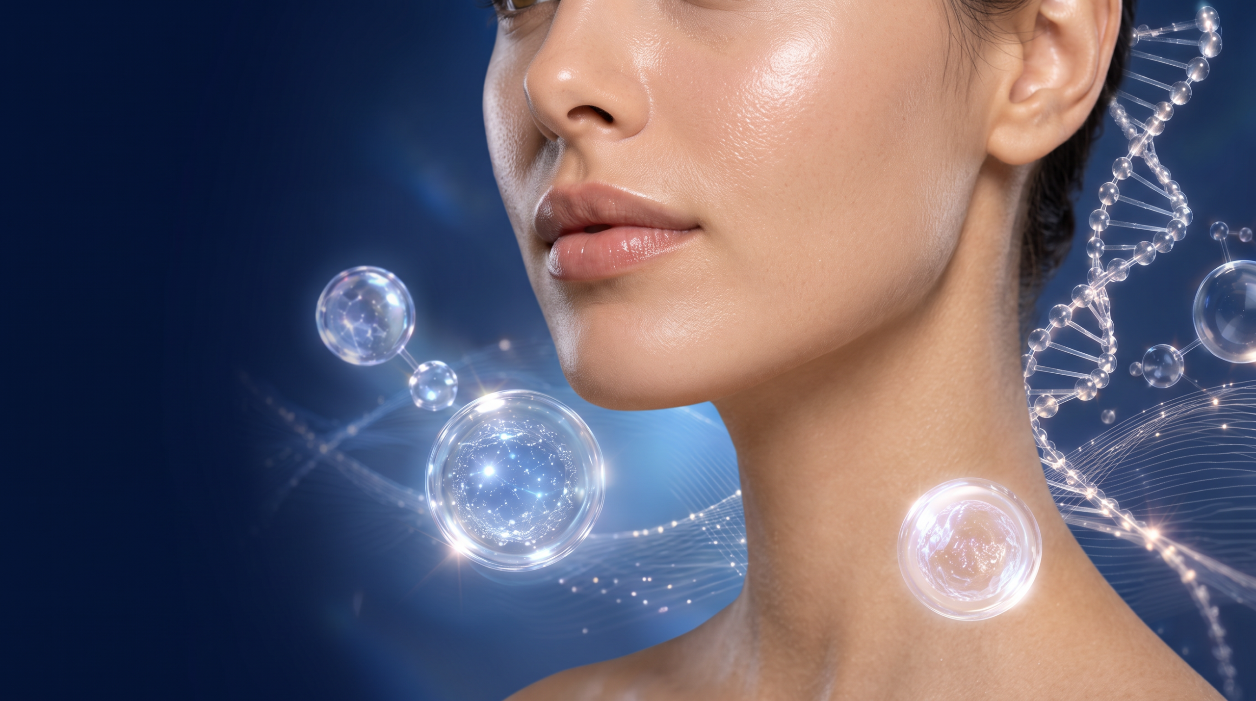 Close crop of a woman's cheek, jaw and neck with smooth, naturally glowing skin beside translucent molecules and a DNA strand on navy blue